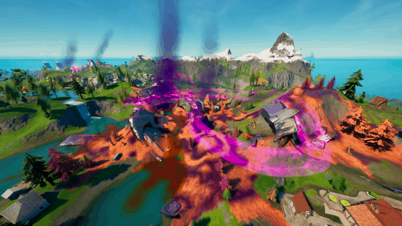A destroyed UFO crash site in Fortnite Chapter 2 Season 8.