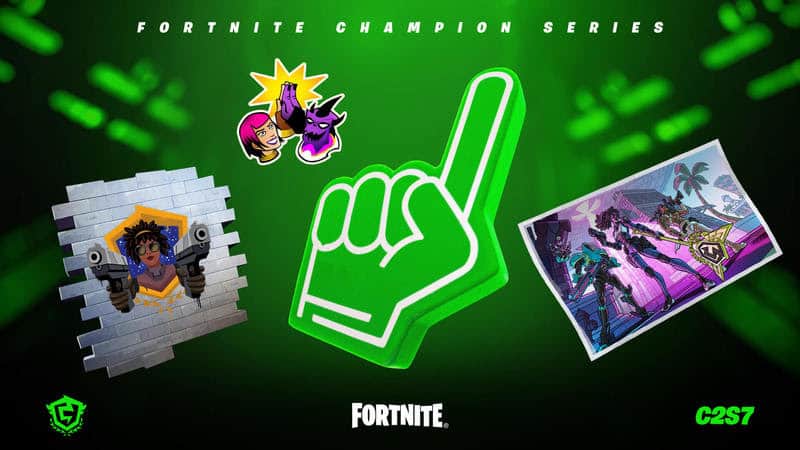 A variety of Fortnite FNCS Twitch drops appear together on a green background.