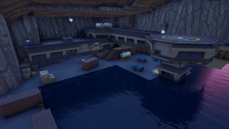 The Rig landing zone in Fortnite, one of the named POIs that features a Helipad