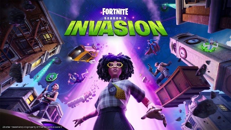 The Fortnite character Doctor Slone stands in front of a bright purple tractor beam, pulling up objects and people. Above them both the words "Fortnite Season 7 Invasion" appears in white and green letters