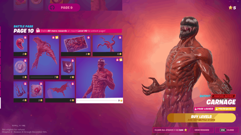 The Carnage skin, showing the symbiote supervillain in his flayed skin