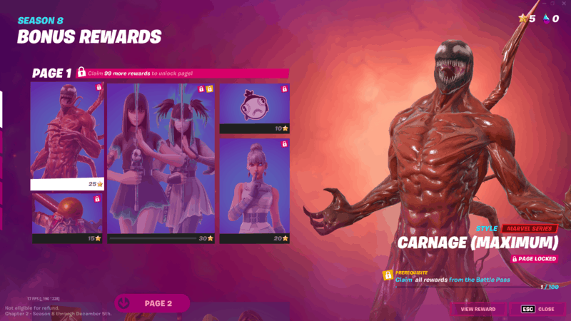 The Maximum Carnage skin, showing the symbiote supervillain in his flayed skin with mutated tendrils sprouting from his back