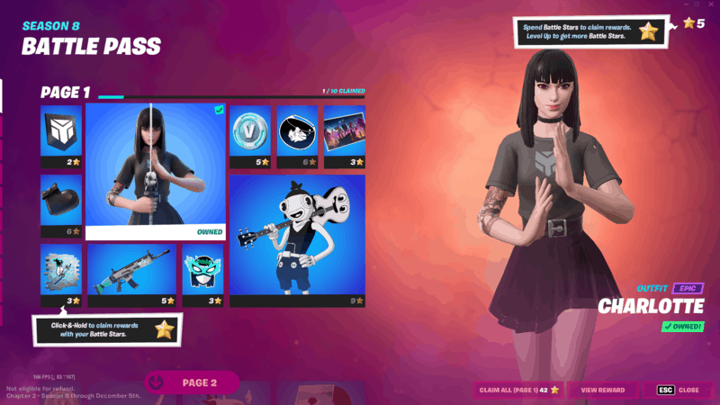 The Fortnite character Charlotte, a young girl with dark hair wearing a black skater skirt and grey t-shirt