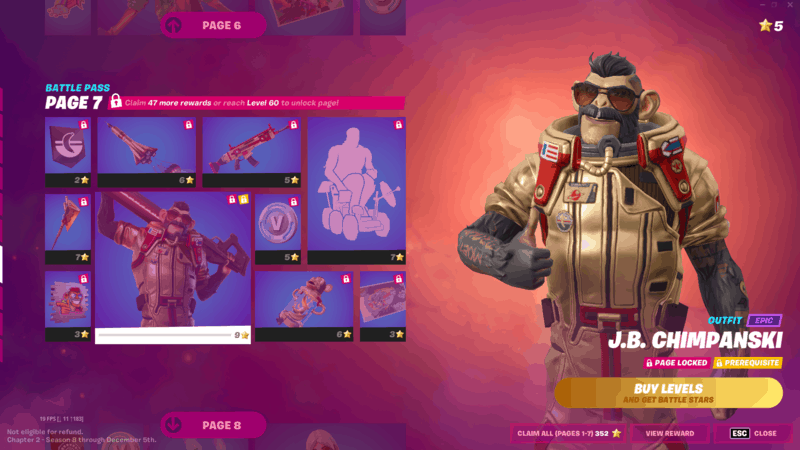 The character J.B Chimpmanski's skin, featuring a golden astronaut suit, athick mustache and a pair of sunglasses