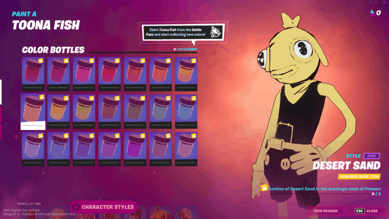The game screen showing the Toona Fish Color Bottles players can use to change their skins in Toona Styles