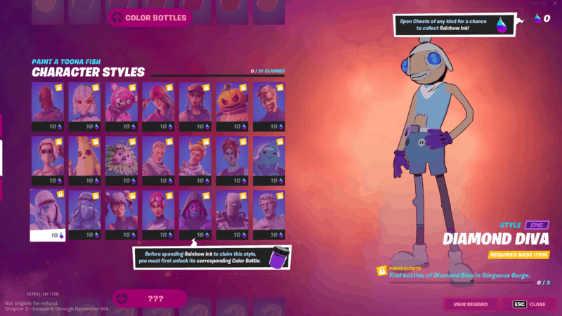 The Toona Paint screen, showing the different inks and color bottles required for different skins Toona styles