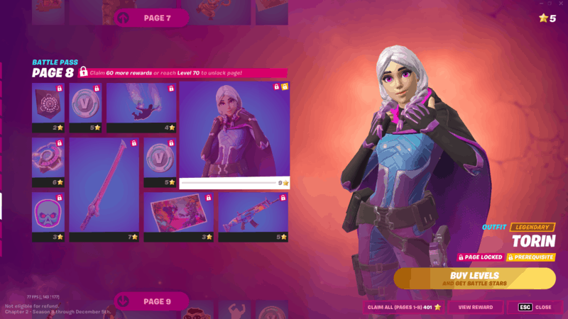 The new Fortnite character, Torin, featuring a “Legendary” rarity, blue, purple and black color scheme and white hair