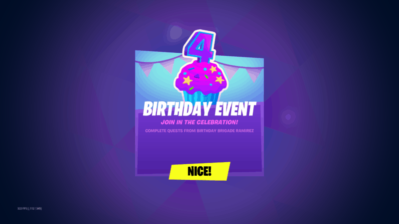 A Fortnite in-game notification telling the player about the Fortnite 4th Birthday event.