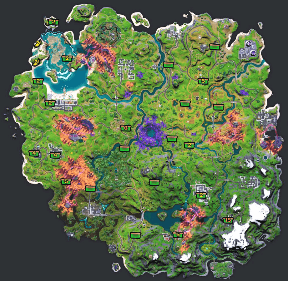 The Fortnite Chapter 2 Season 8 map highlighting the locations of Bananas in the game.