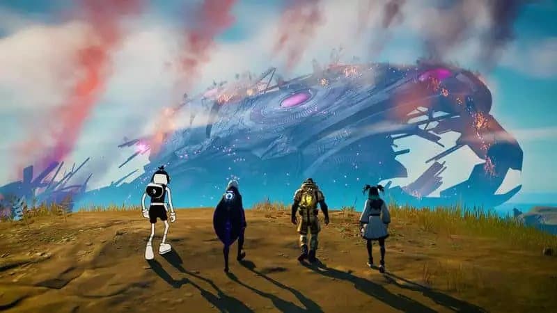 Four Fortnite character stand on a hill overlooking a destroyed alien mothership.