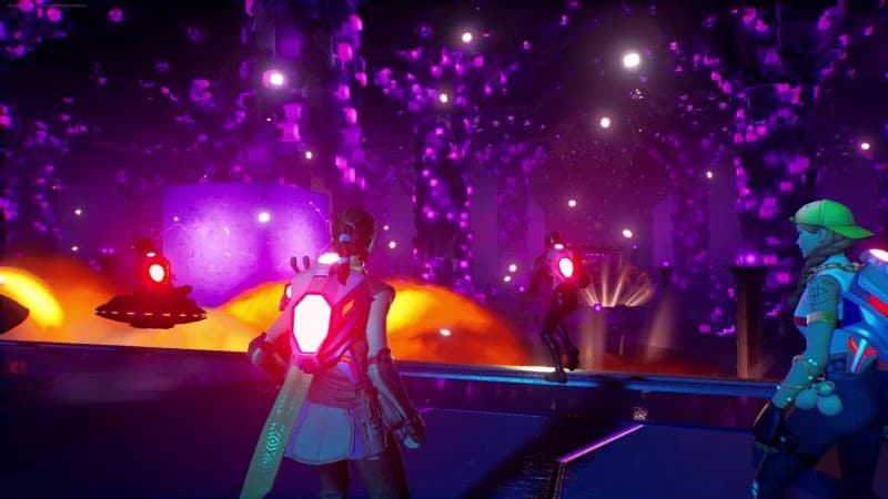 A Fortnite player's view from the Operation Sky Fire event, showing them in the Mothership with purple lights and magma.