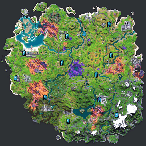 The Fortnite Chapter 2 Season 8 map showing locations of Mending Machines.