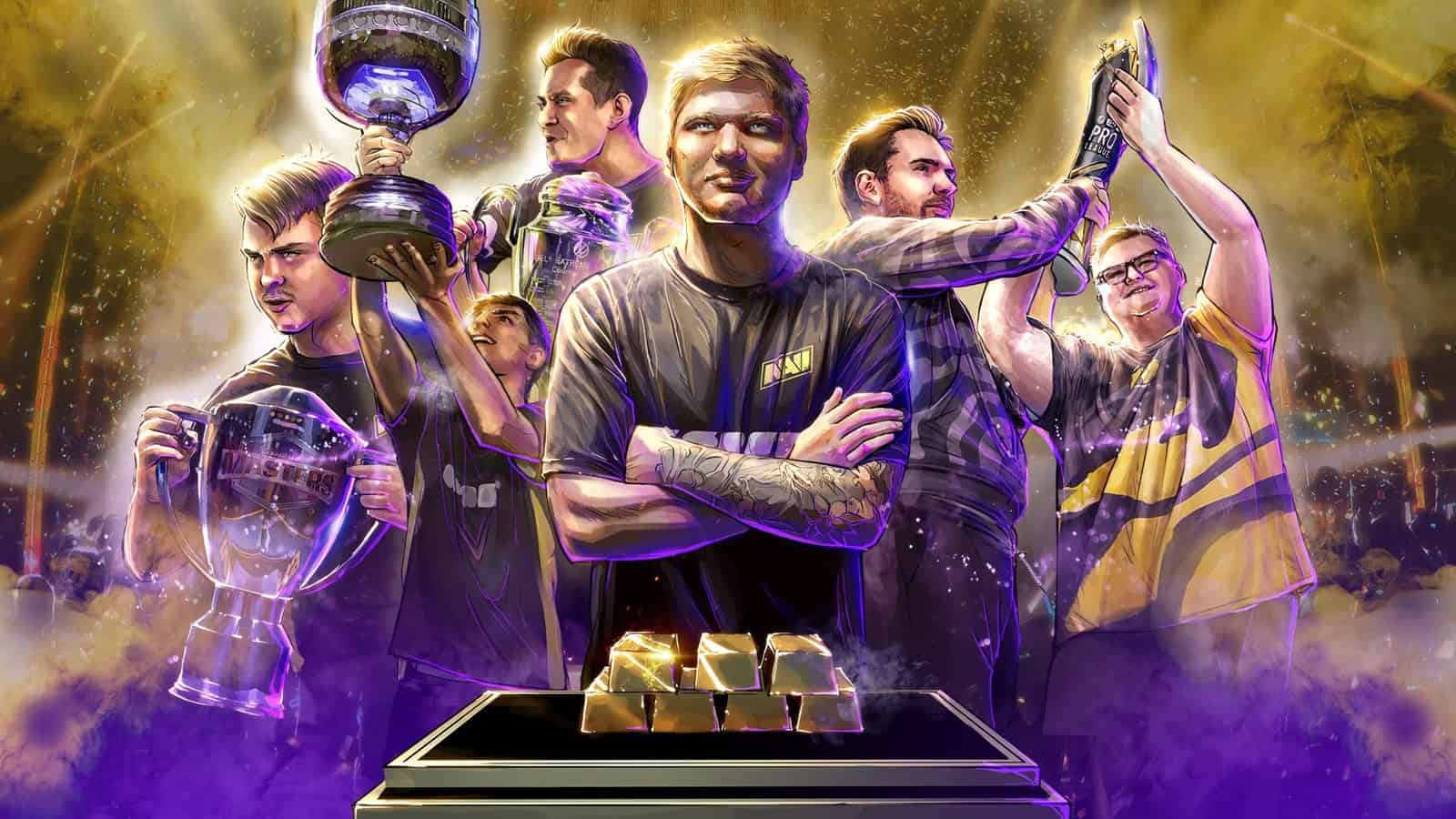Art of the Natus Vincere CS:GO roster hoisting a trophy and boasting gold bars in front of them after winning ESL Pro League Season 14.