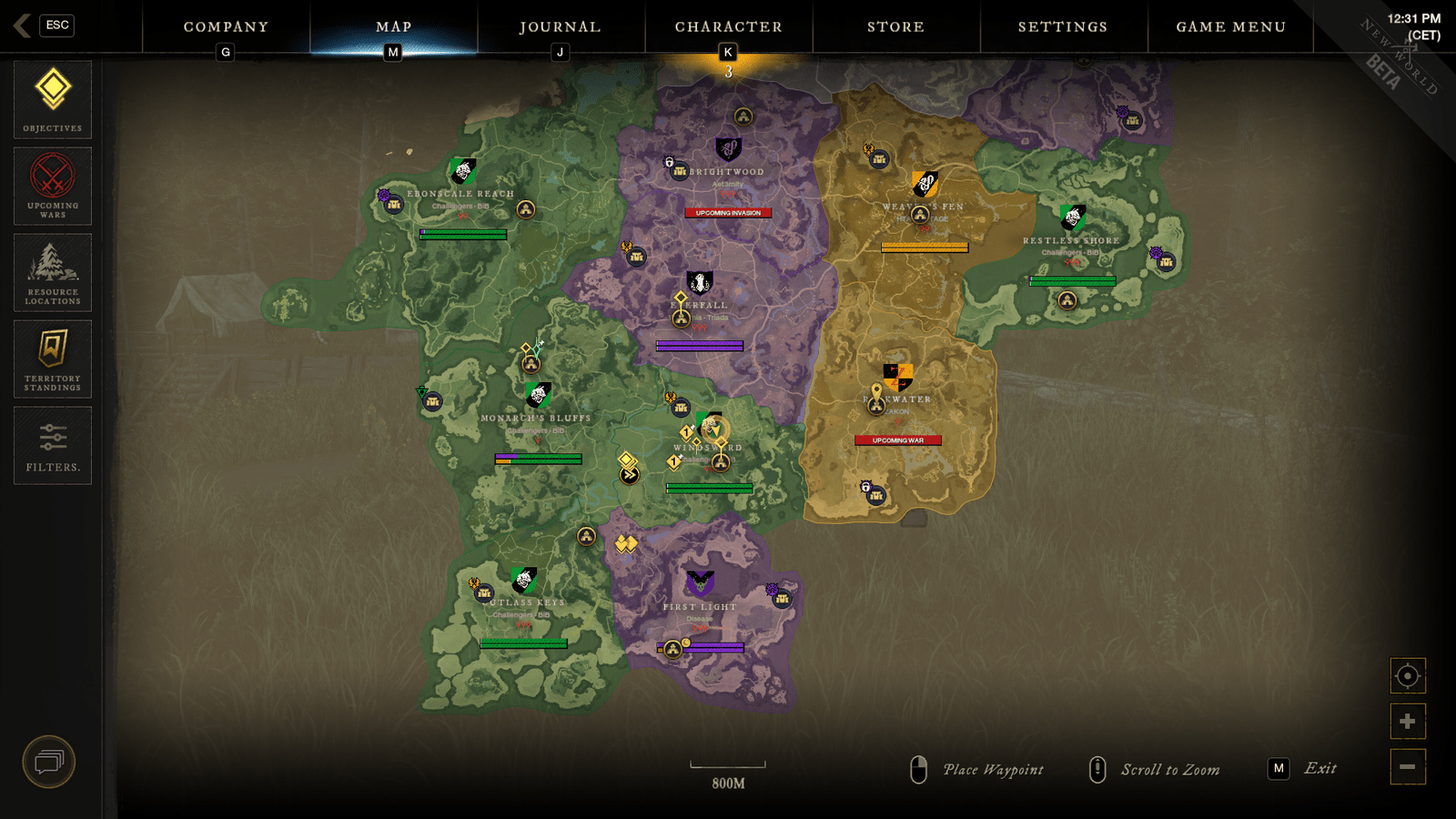 The New World map, showing color-coded regions to display what factions own each region.