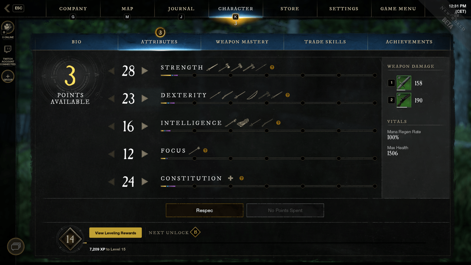 The talent tree in New World, showing the player's levels in Strength, Dexterity, Intelligence, Focus and Constitution through a menu.