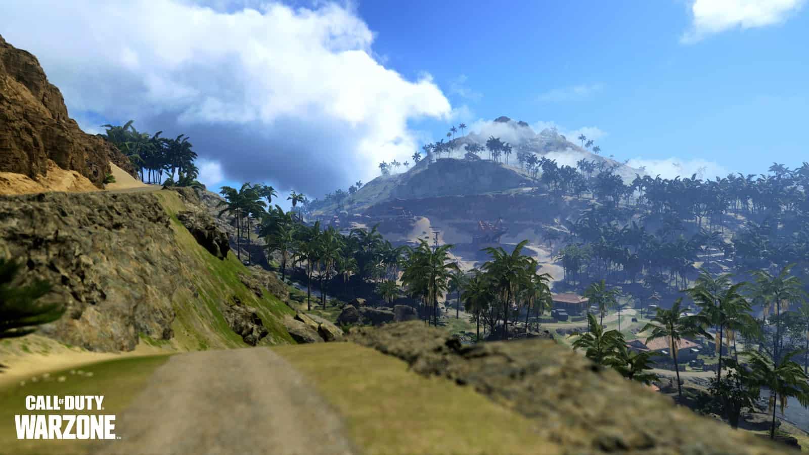 A screenshot of the Call of Duty Vanguard Pacific Warzone map, showing a forest of palm trees covering the valley between two mountains.