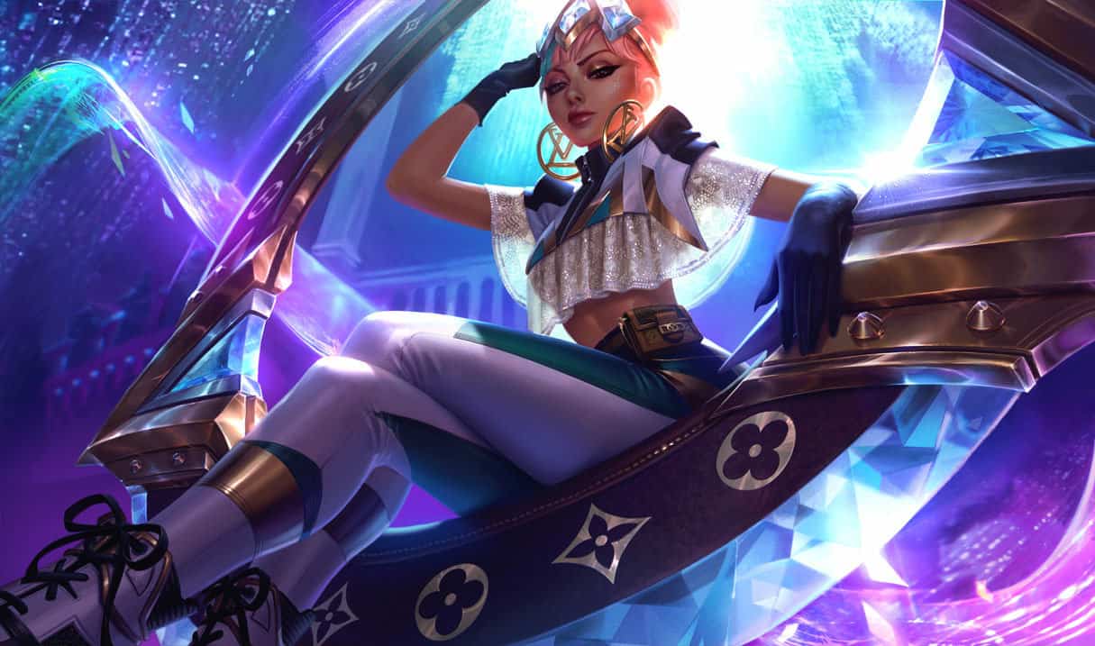 The splash art for the Louis Vuitton Qiyana skin, showing the Empress sitting on her circle weapon in a brightly lit place.