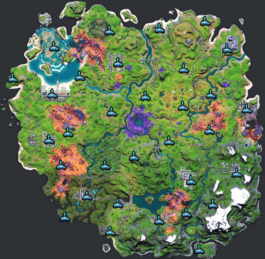The Fortnite Chapter 2 Season 8 map highlighting the locations of Reboot Vans.
