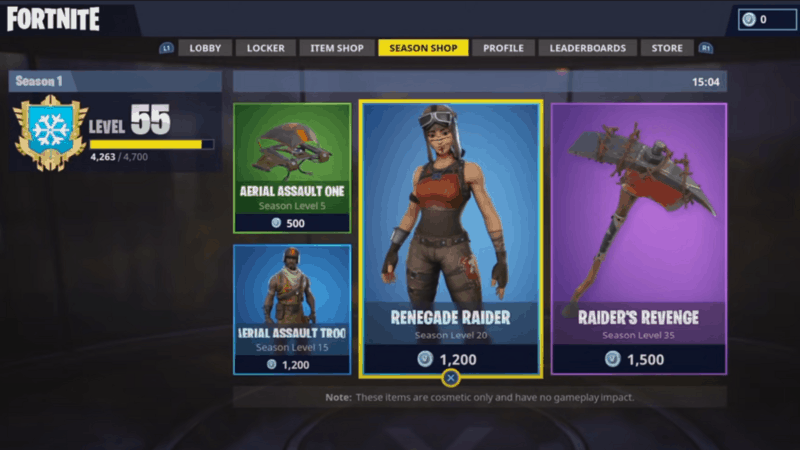 The Fortnite in-game shop showing the Renegade Raider among other purchase options.