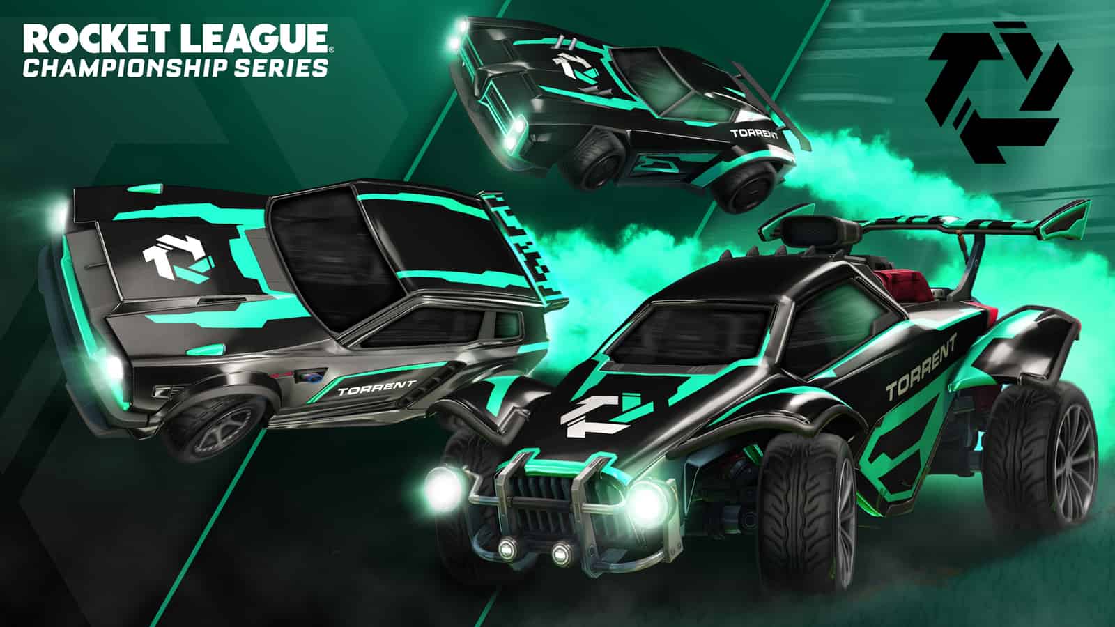 The Torrent Rocket League car details are shown on a variety of cars with the Rocket League and Torrent logos in the corners.