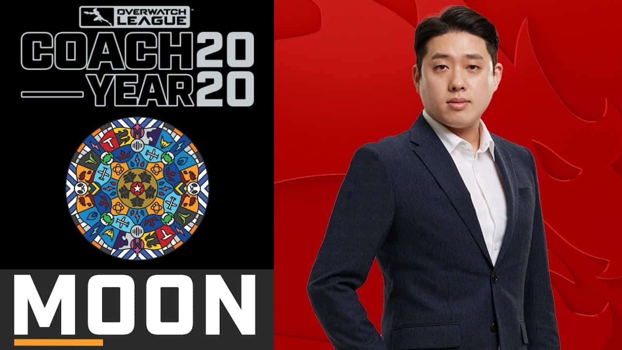 Shanghai Dragons coach Byung-chul "Moon" Moon stands on a red background next to the words "Overwatch League Coach of the Year 2020" on a black background.