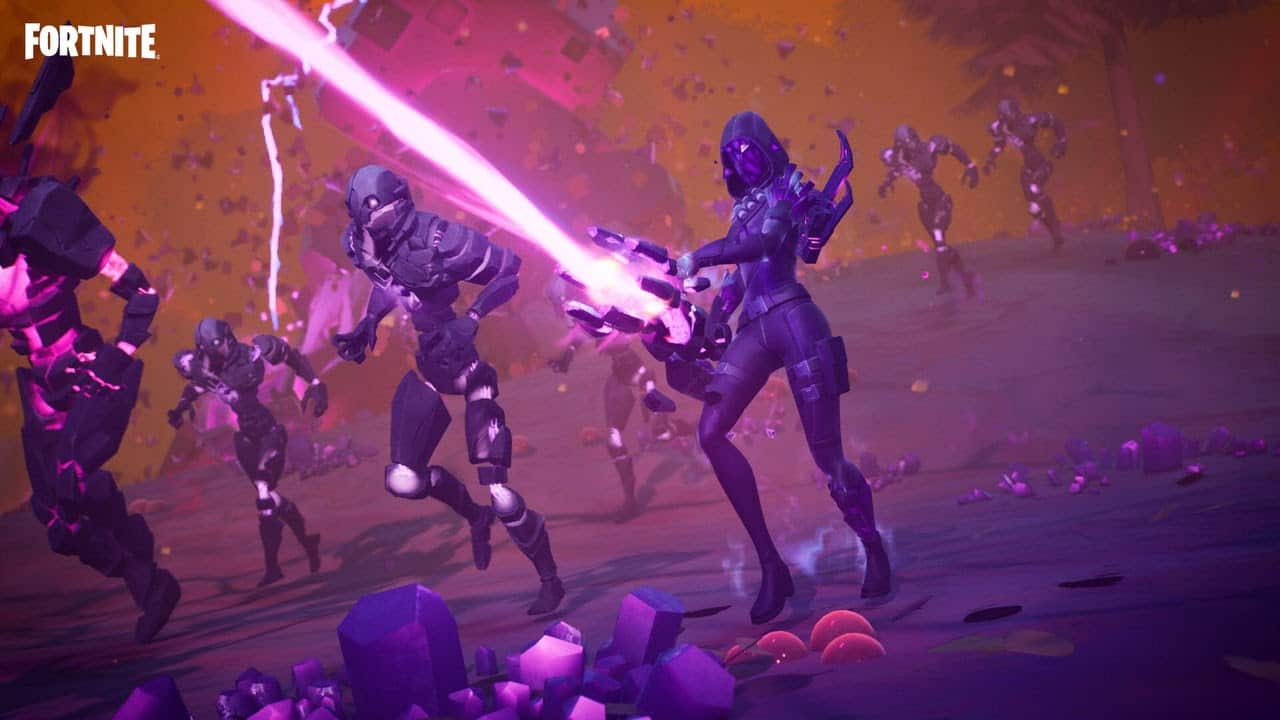 A horde of Sideways creatures from Fortnite Season 8 launch an assault in a dark land.