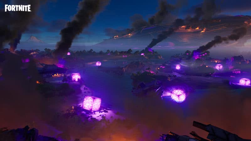 A shot of the Sideways area from Fortnite Season 8, showing purple glowing cubes amidst a ruined landscape.