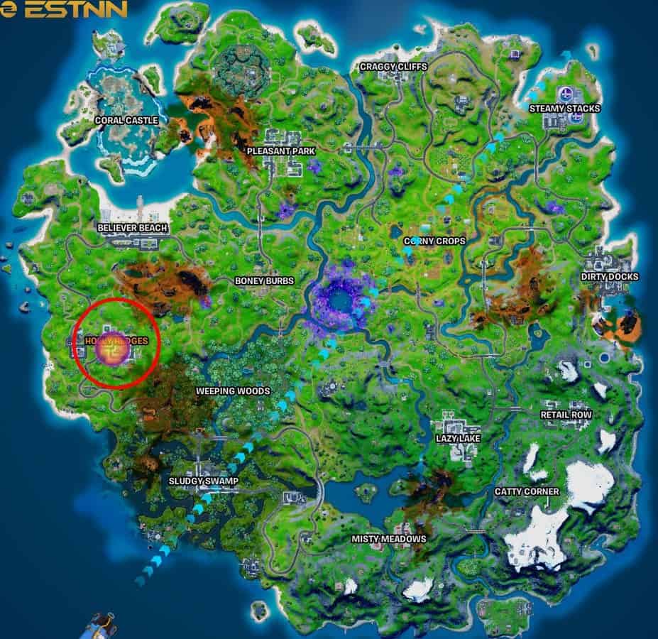 The Fortnite Chapter 2 Season 8 map highlighting the location of the Sideways.