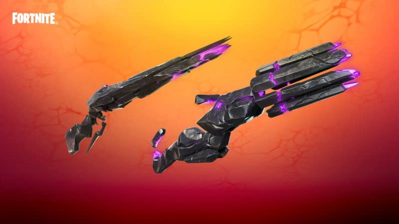 A Sideways Rifle and Sideways Minigun from Fortnite appear on a red to yellow gradient background.