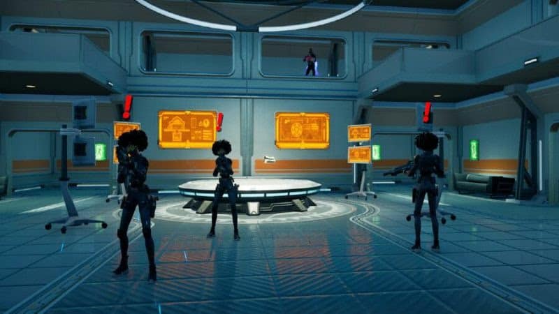 Three Slone clones stand at the ready with red exclamation points over their heads in a high tech facility in Fortnite.