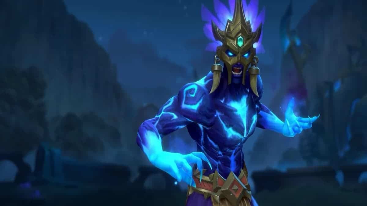 LoL Wild Rift champion skin Spirit Fire Brand poses menacingly in a dark locale.