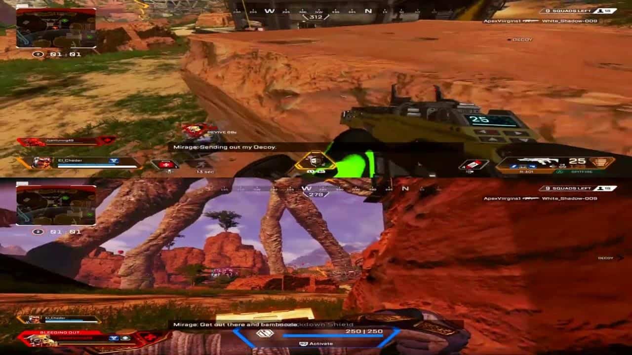 An example of a potential split-screen Apex Legends mode, with two players' POV's above and below each other.