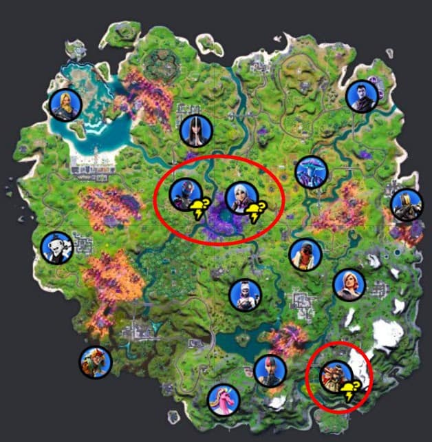 The Fortnite Chapter 2 Season 8 map is shown with NPC locations, with two locations in the center circled in red.