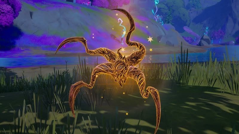 A glowing yellow Mythic Symbiote from Fortnite Season 8 appears in front of a forest background.