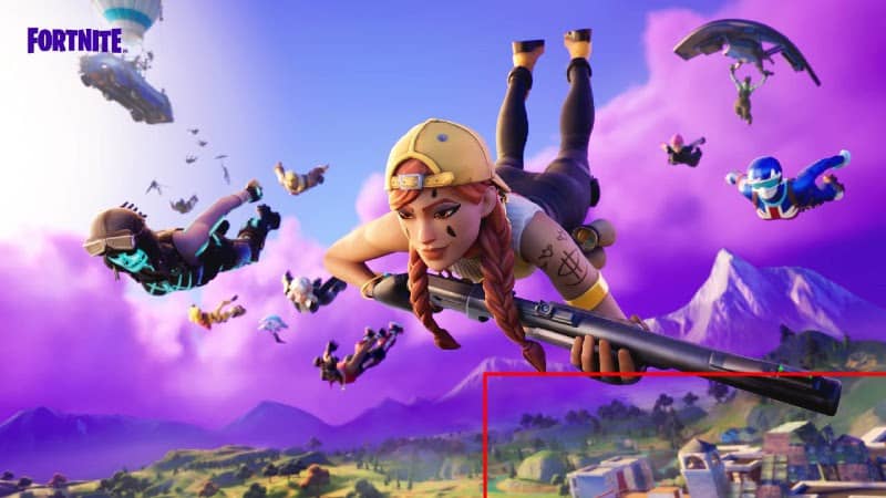 A shot of various Fortnite characters falling from the purple clouded sky together with a red box around buildings and Tilted Towers in the background.