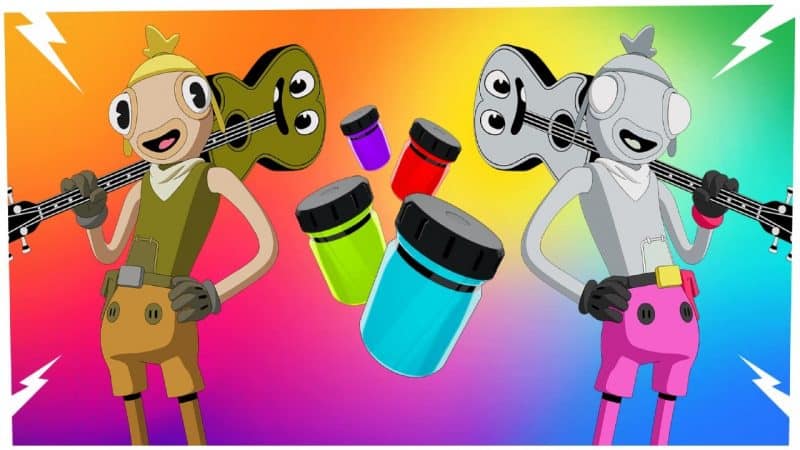 Two color variations of Fortnite character Fishsticks appear with Toona Fish Color Bottles between them on a bright multi-colored background.