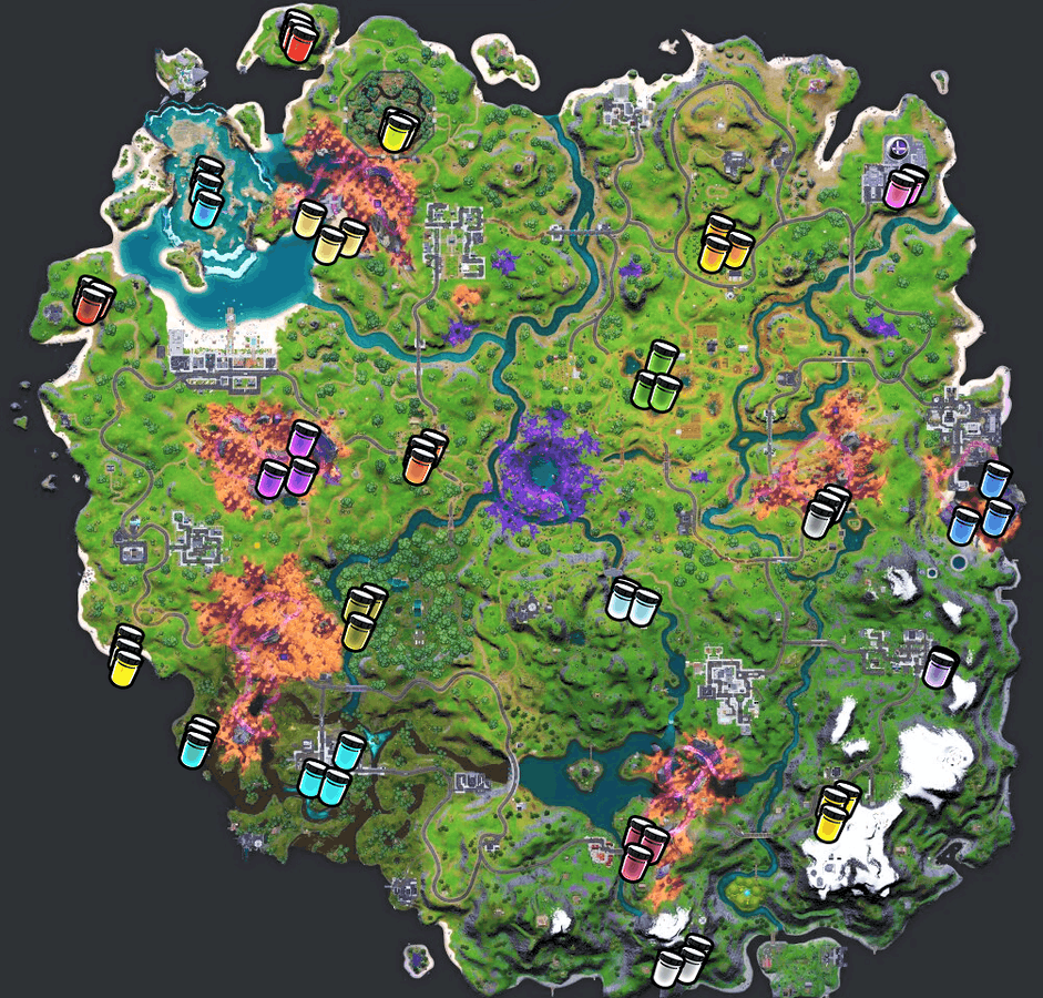 The Fortnite Chapter 2 Season 8 map is shown with locations highlighted showing where Toona Fish Color Bottles can be found.
