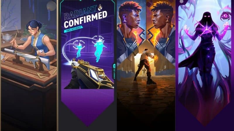 A series of 4 images from Valorant Battle Pass cards, including Sage painting an ornate fire arm and Phoenix facing off against an enemy in a darkened hall