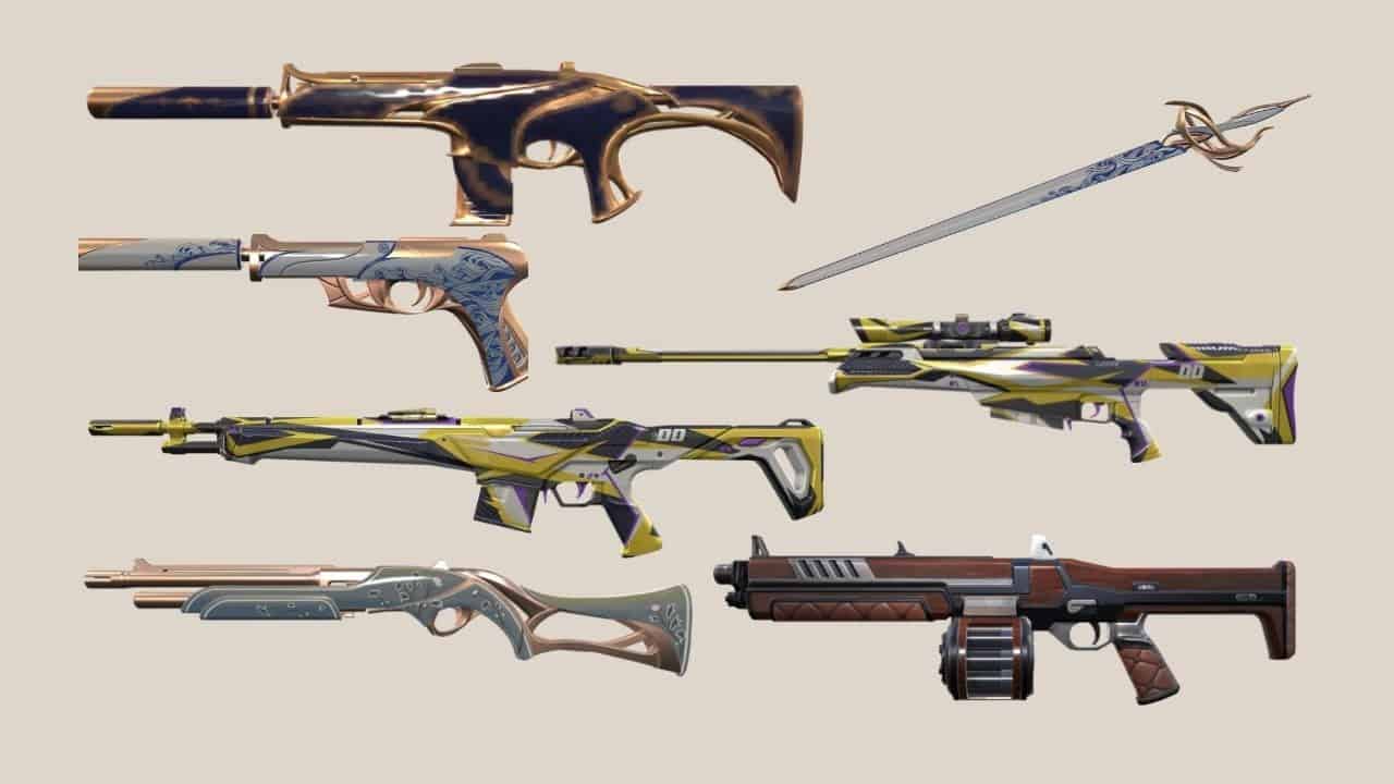 A variety of weapons from Valorant appear on a tan background, each with a unique skin.