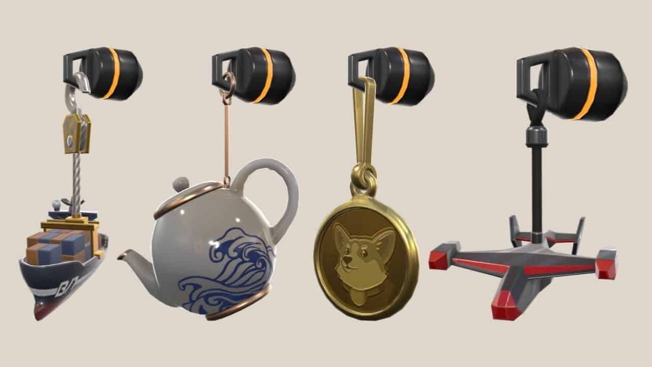 Four gun buddy charms from Valorant appear on a tan background for the Episode 3 Act 2 battle pass.