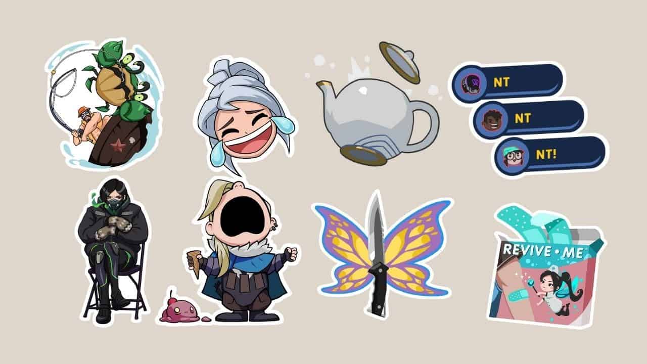 A variety of sprays from Valorant's Episode 3 Act 2 battle pass appear on a tan background.