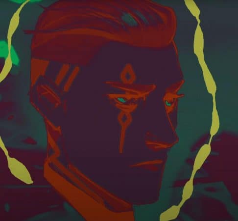 The face of potential Valorant agent 17 Deadeye is depicted in purple, green and red colors.