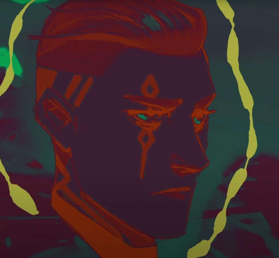 The face of potential Valorant agent 17 Deadeye is depicted in purple, green and red colors.