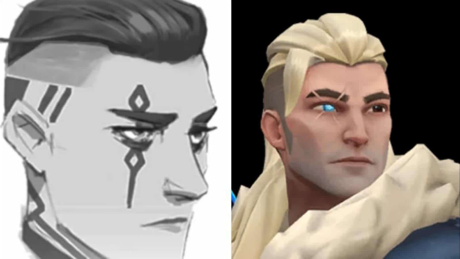 A drawing of potential Valorant agent Deadeye is pictured next to a picture of Sova.
