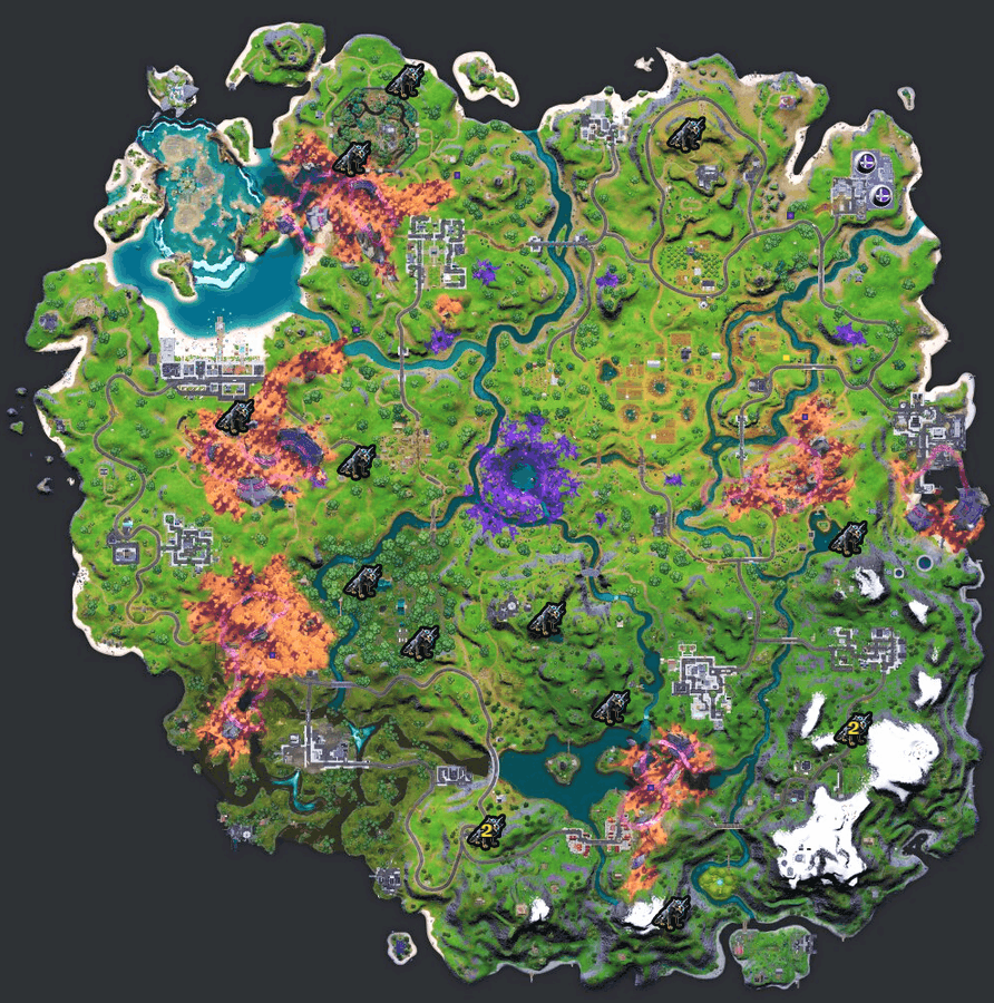 The Fortnite Chapter 2 Season 8 map highlighting the location of wolves.