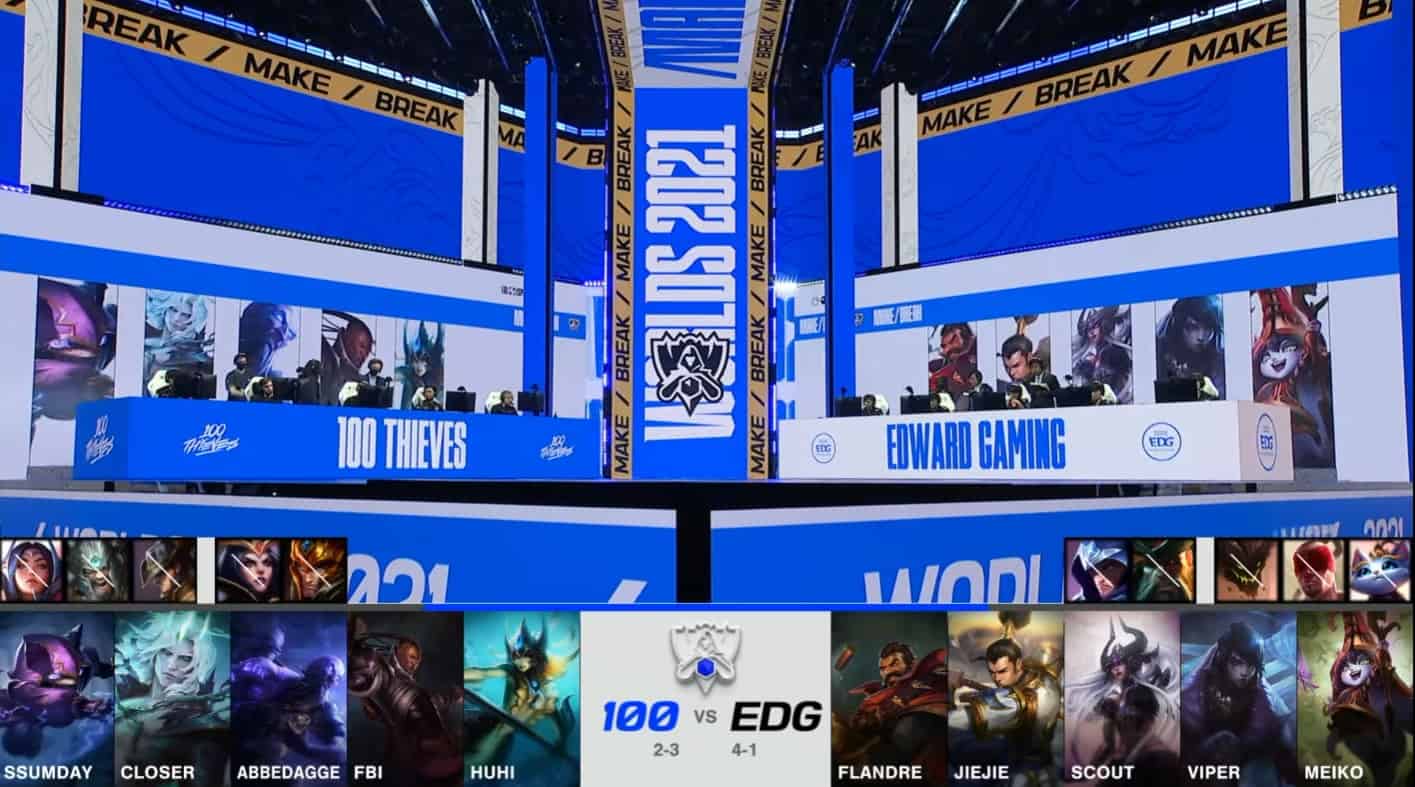 A screenshot from the 2021 World Championship Main Event Group Stage broadcast, showing the champion drafts between 100 Thieves and Edward Gaming with a shot of EDG and 100T on the Worlds 2021 stage above.