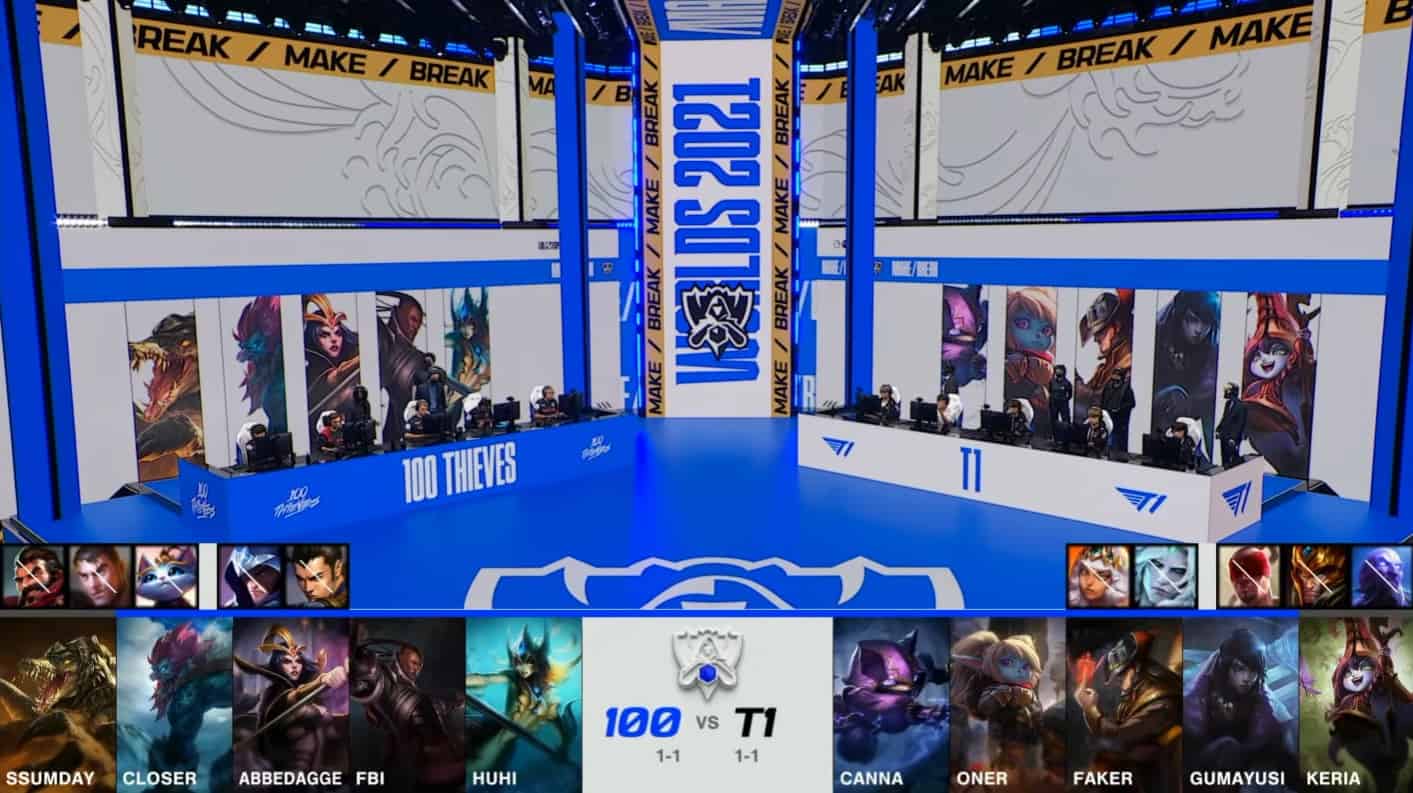 A screenshot from the 2021 World Championship Main Event Group Stage broadcast, showing the champion drafts between 100 Thieves and T1 with a shot of 100T and T1 on the Worlds 2021 stage above.