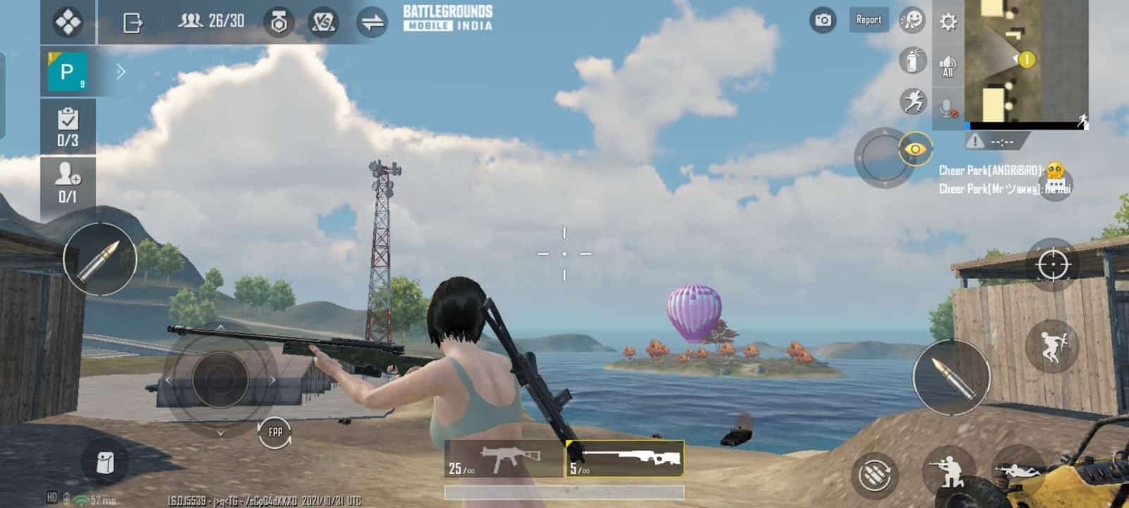 A female character from Battlegrounds Mobile India walks near a shed under a blue sky holding a bolt action sniper rifle.