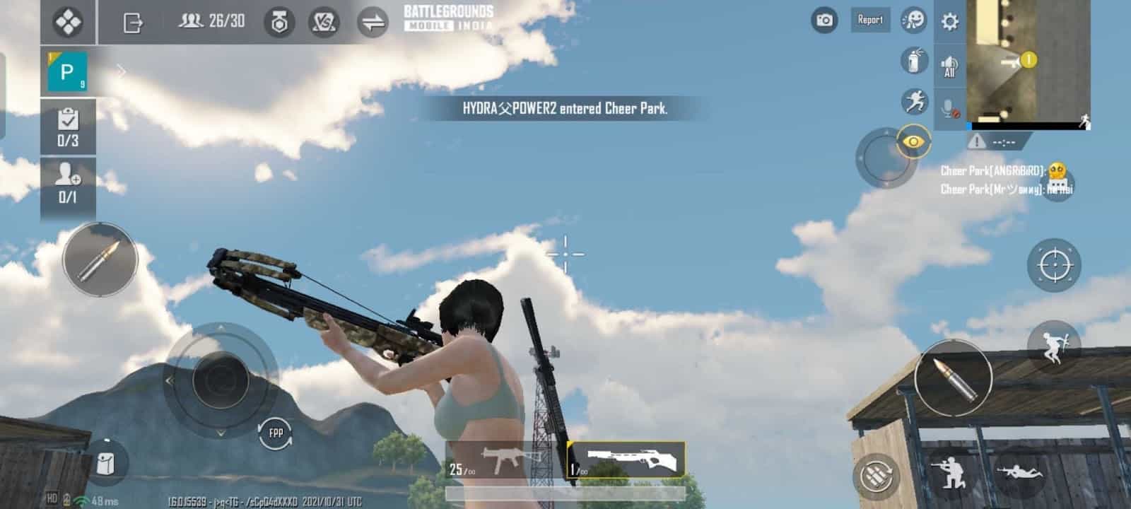 A female character from Battlegrounds Mobile India walks near a shed under a blue sky holding a crossbow.