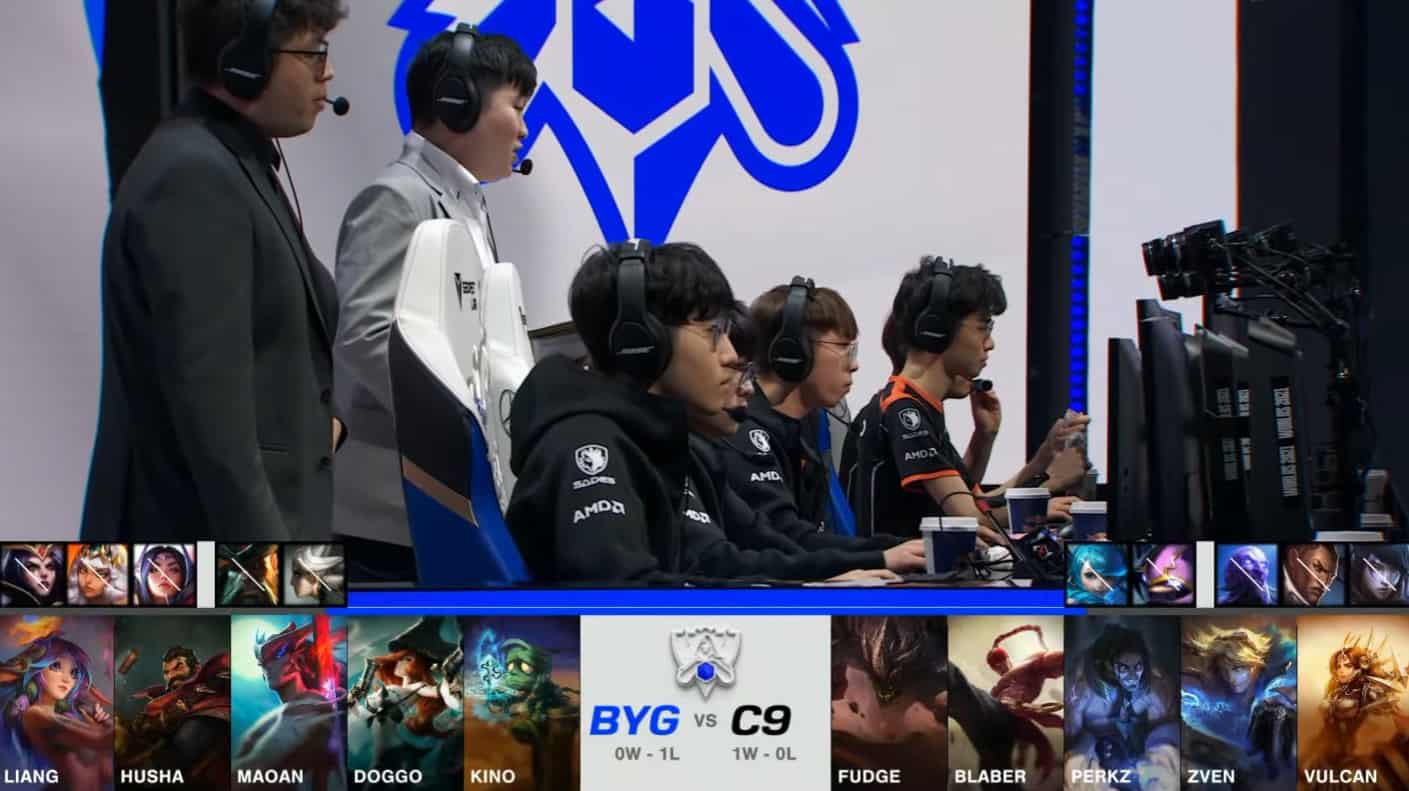 A screenshot from the 2021 World Championship Play-ins broadcast, showing the drafts between Beyond Gaming and Cloud9 with a shot of the BYG roster on stage in the middle.